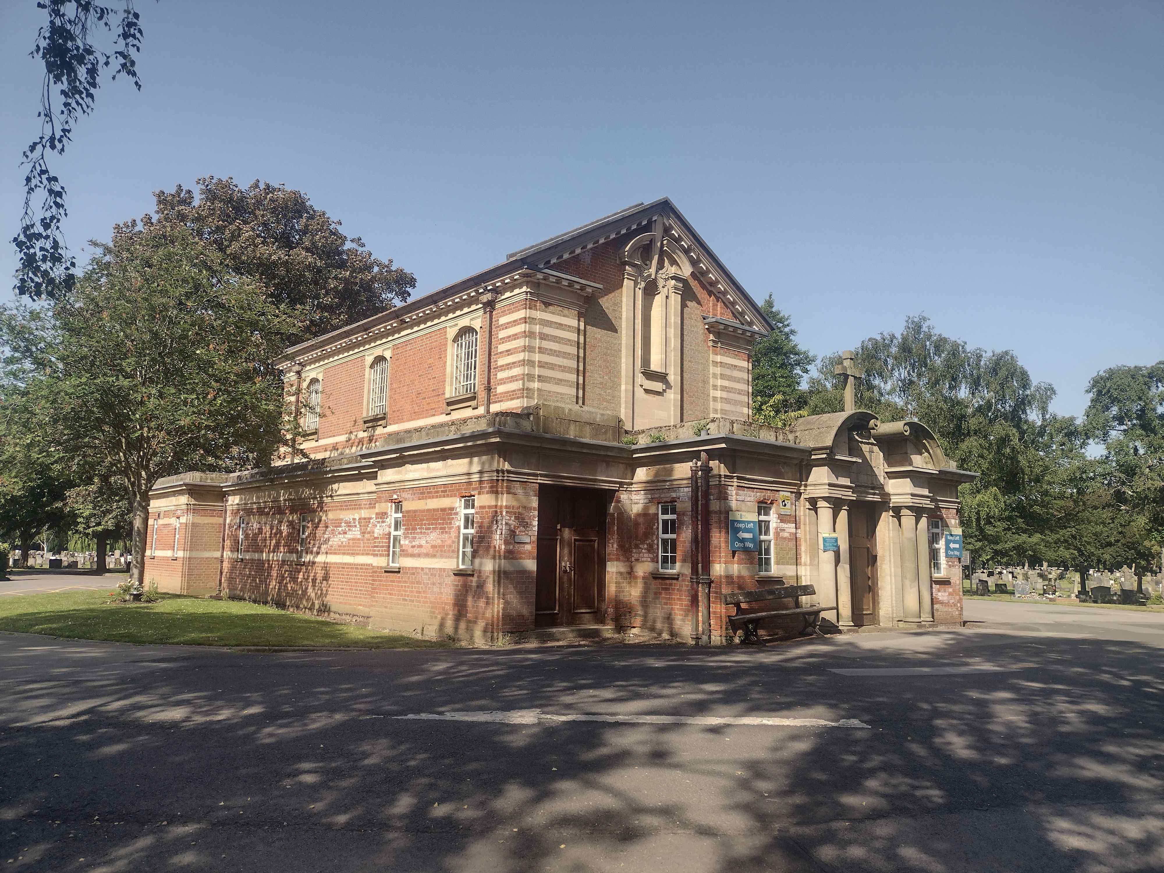 Old chapel building at Northern Cemetery, Hull in summer