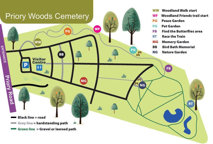 A map of the Woodland Walk at Priory Woods Cemetery in Hull